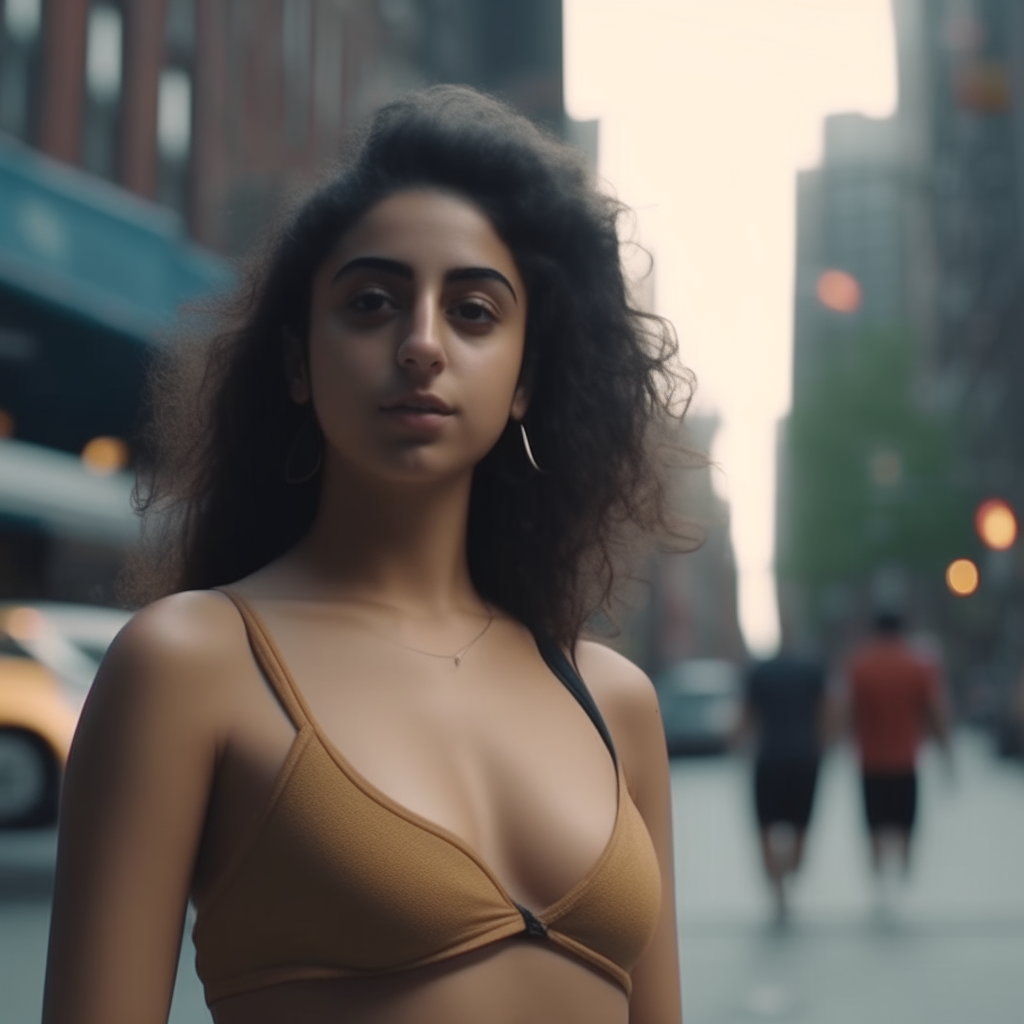 a attractive young Puerto Rican woman wearing a two-piece bikini standing in the middle of a street in New York, cinematic, photo-realistic. 4k