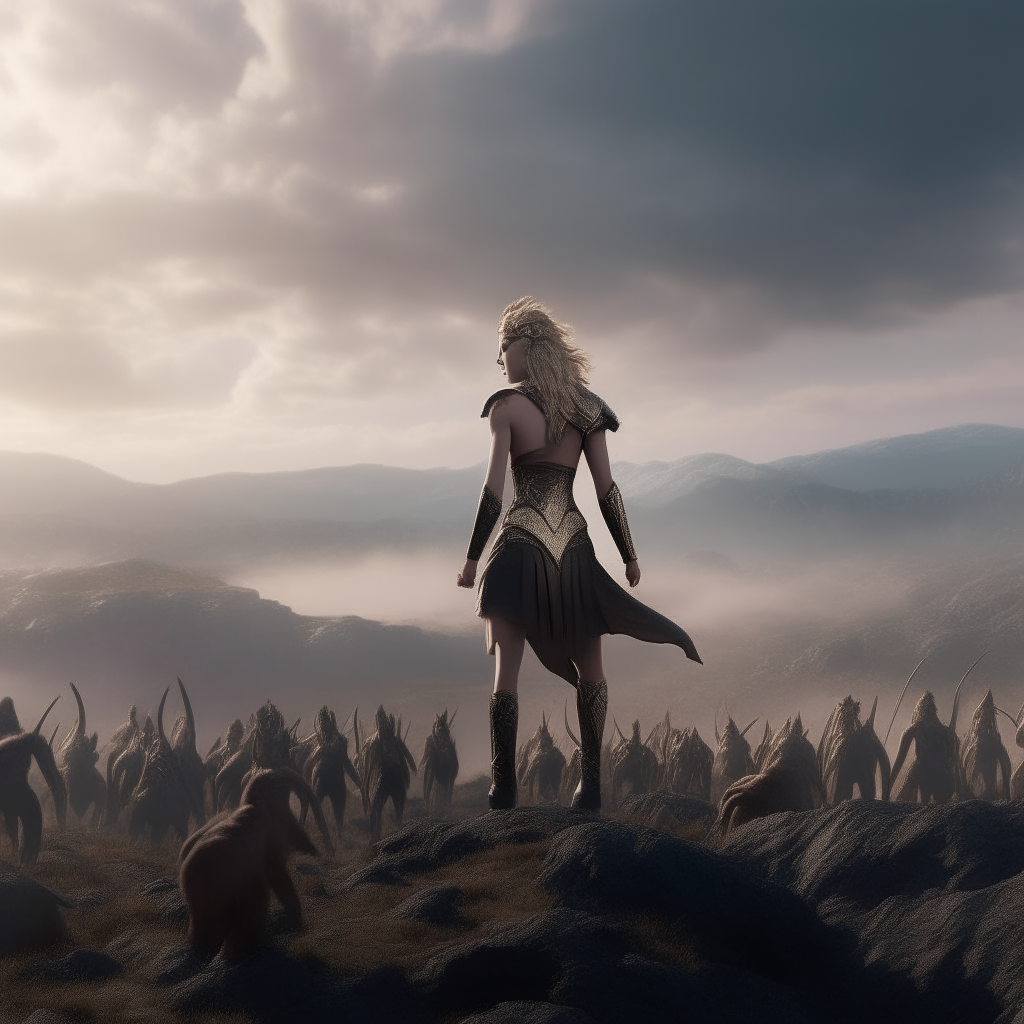 warrior princess standing on a hill looking down on an army of demons, 8k,photo-realistic, cinematic,