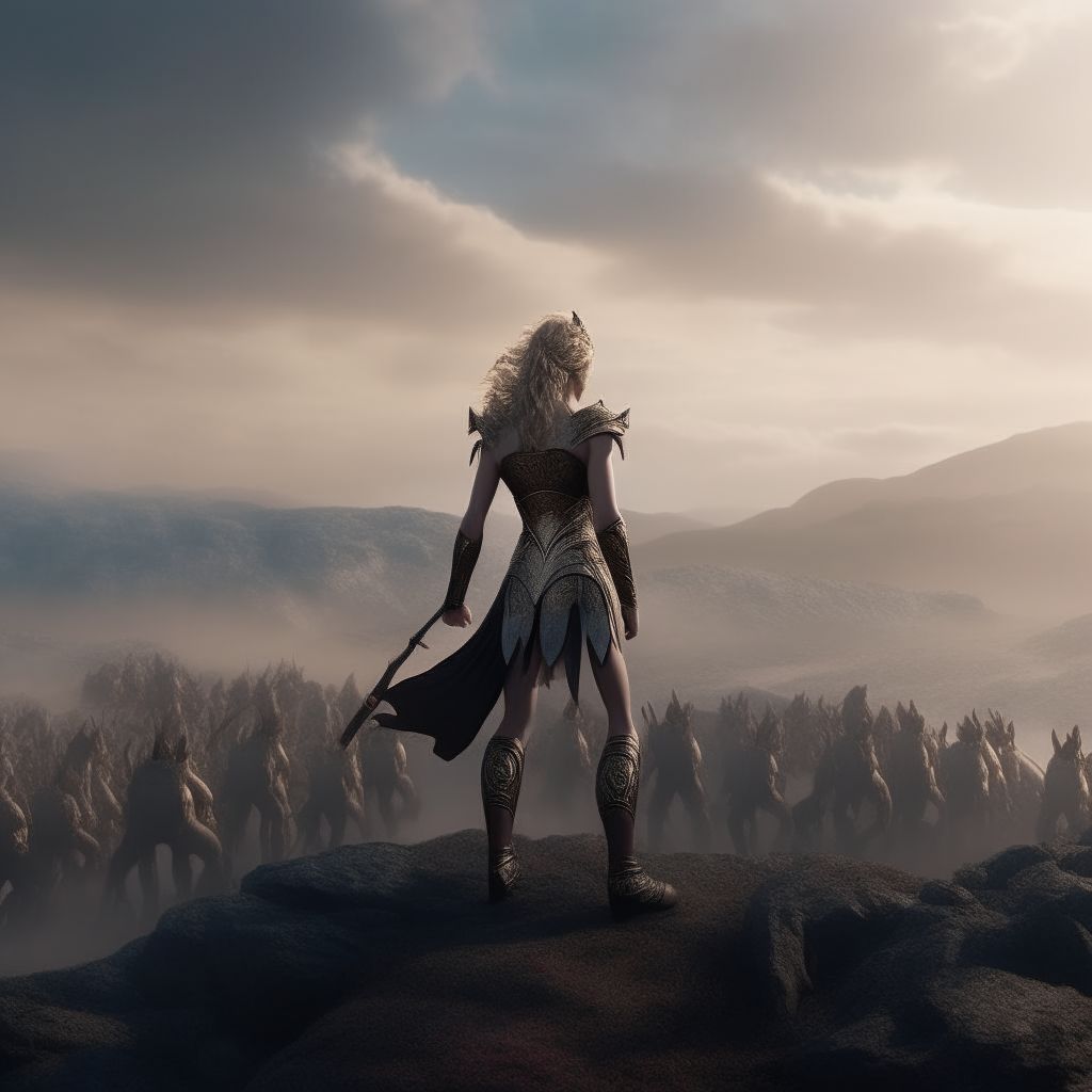 warrior princess standing on a hill looking down on an army of demons, 8k,photo-realistic, cinematic,