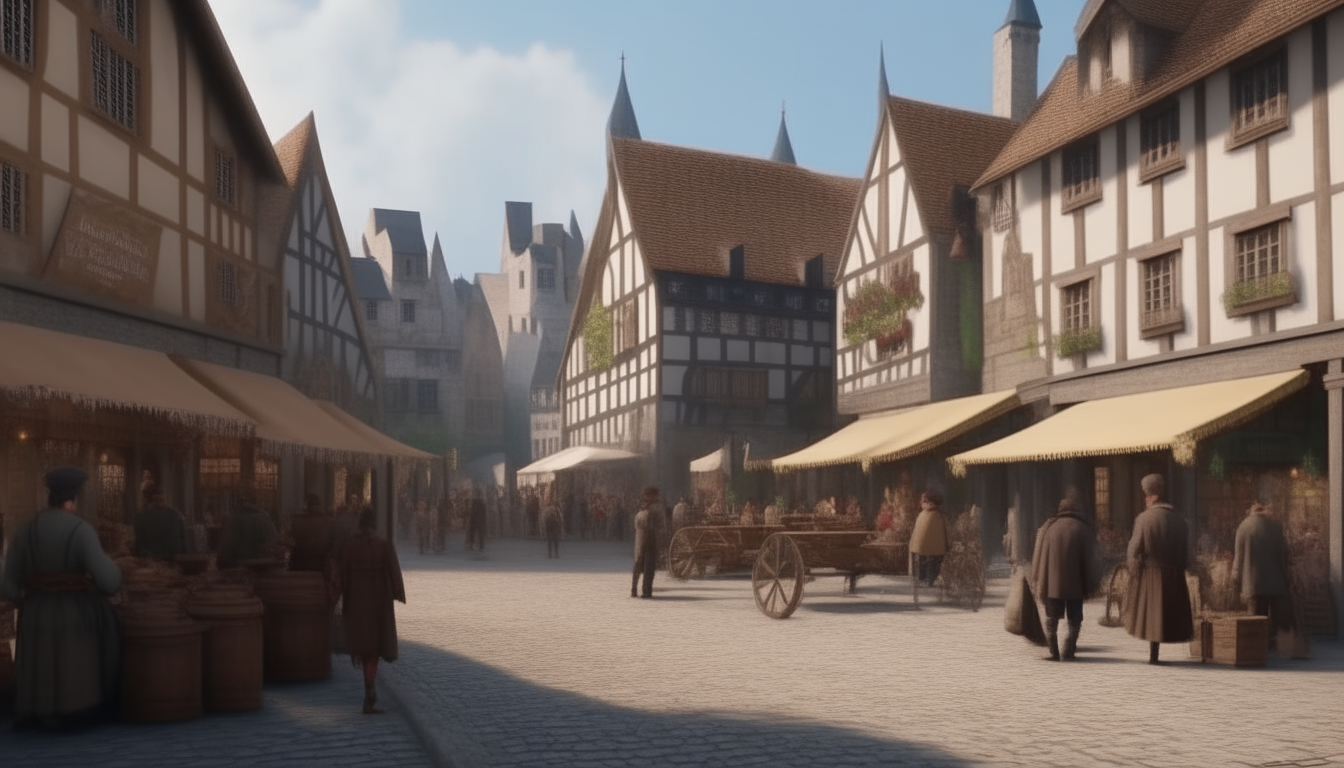 a medieval European town with peasants walking around a market square, photo-realistic, 8k resolution