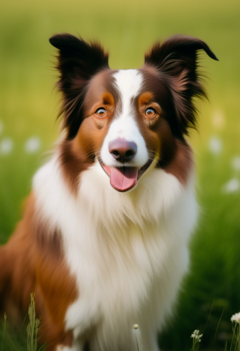 a standing brown and white border collie dog with fluffy fur, looking at camera, set against a blurry green grass background