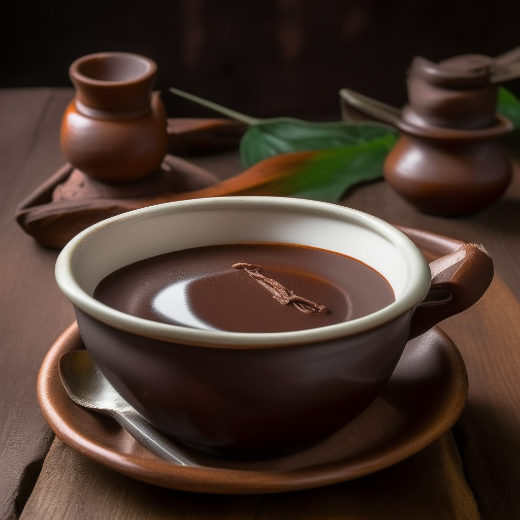 a bowl of achocolote, a traditional Guatemalan chocolate drink, served hot in a ceramic bowl with a molinillo frothing stick