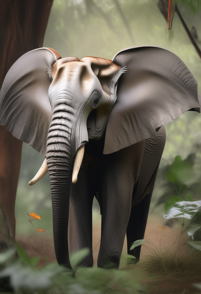 an african bush elephant with large butterfly wings for ears, set against a jungle background