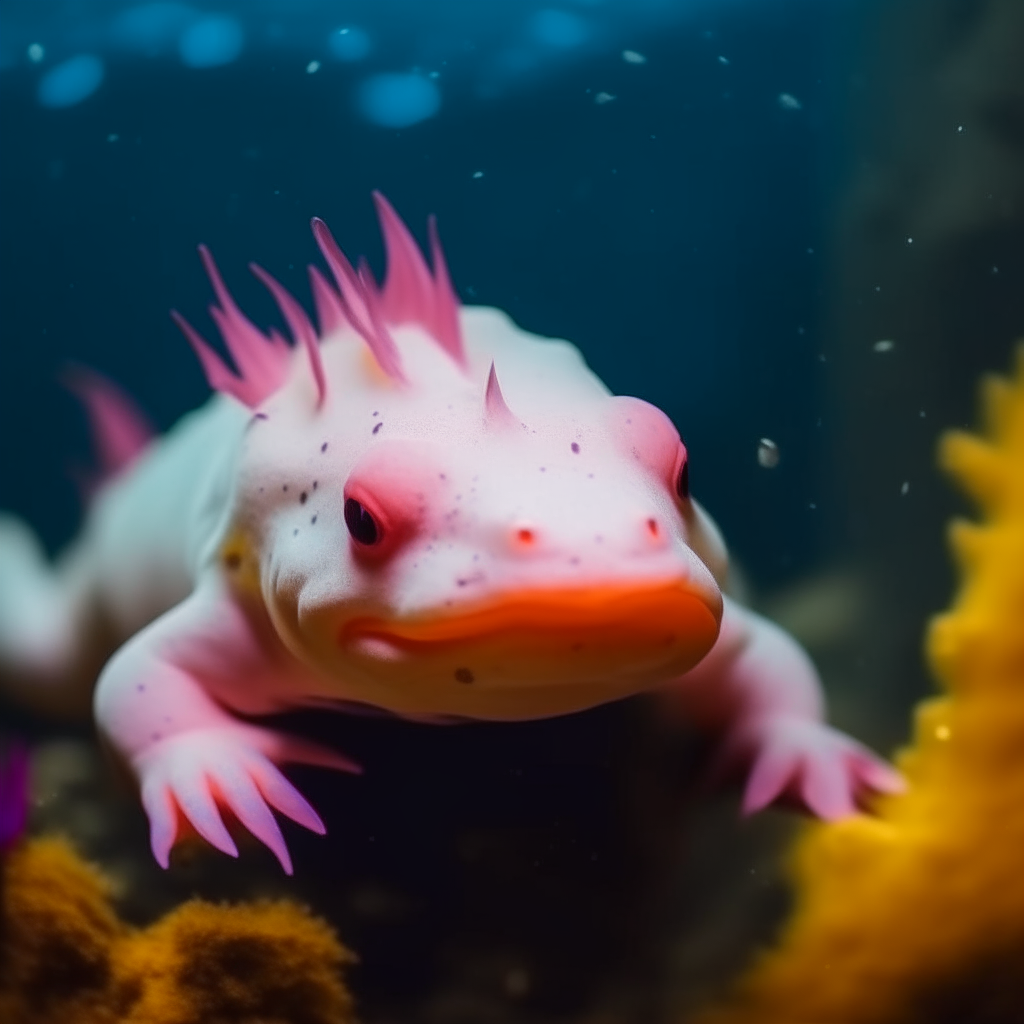 a detailed photo of a cute axolotl swimming happily underwater, vibrant colors, close up view