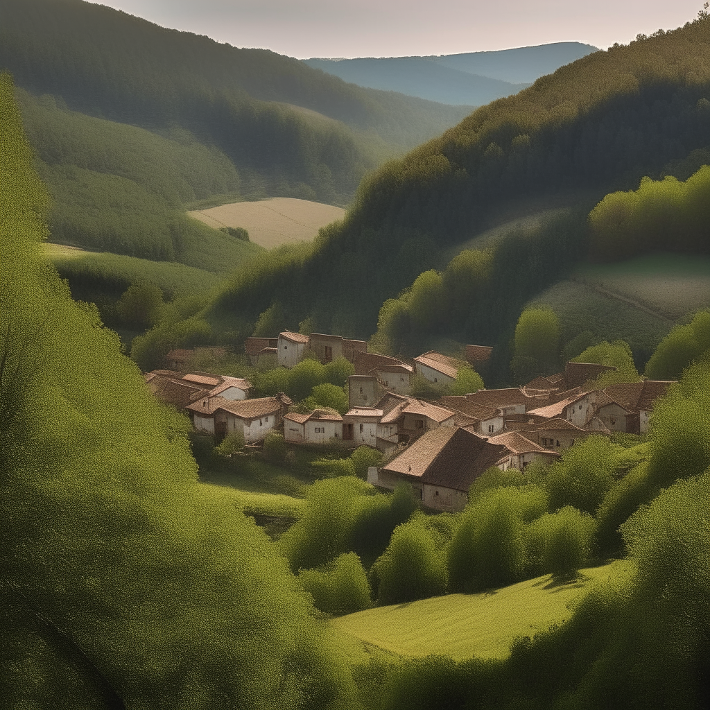 A picturesque village nested between rolling hills and forests