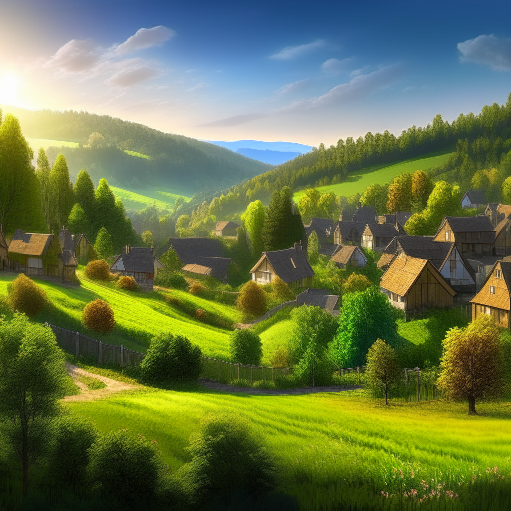 A picturesque village nested between rolling hills and forests, 8k, hi-definition, photo-realistic