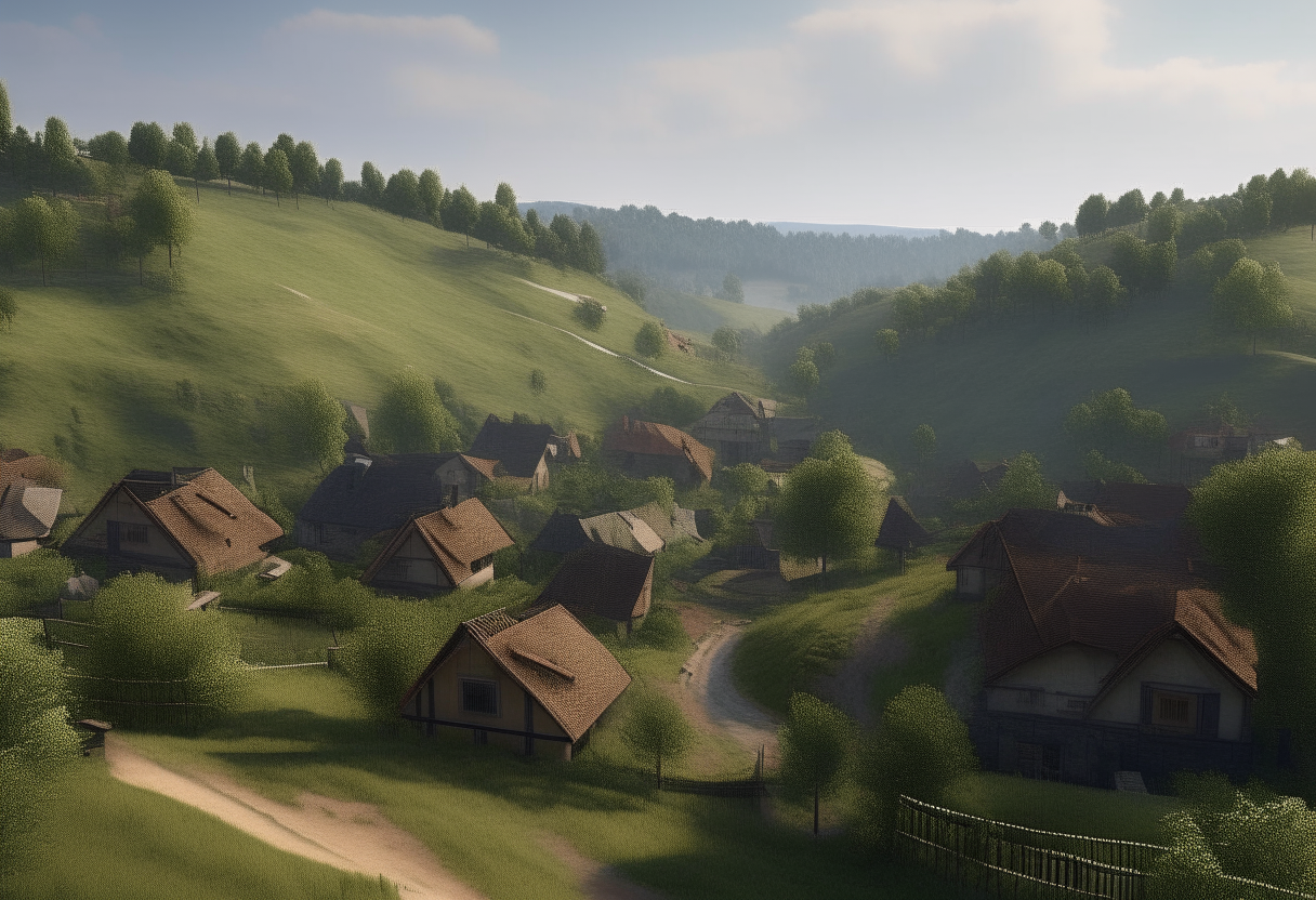 A picturesque village nested between rolling hills and forests, 8k, hi-definition, photo-realistic.