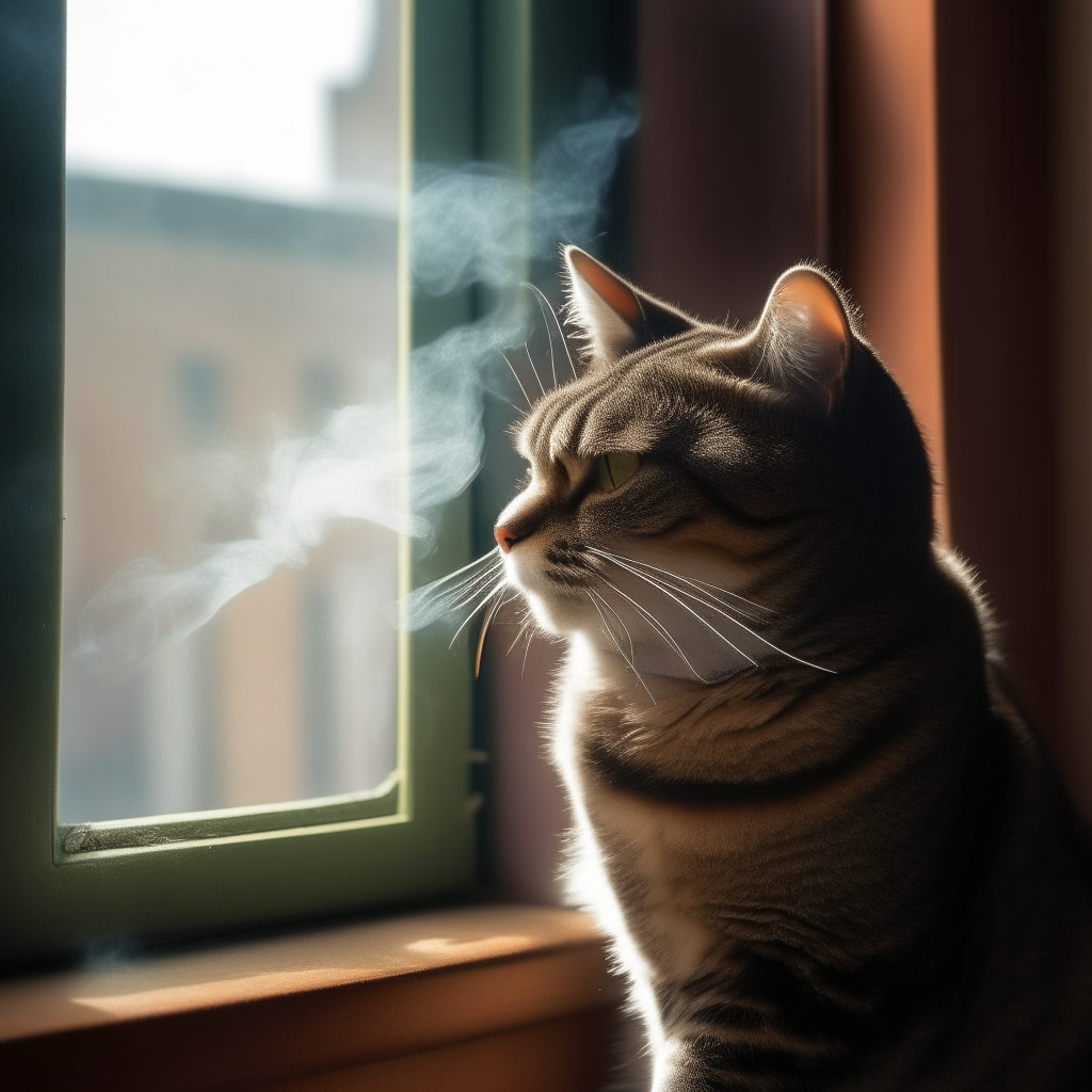 a cat smoking on a windowsil