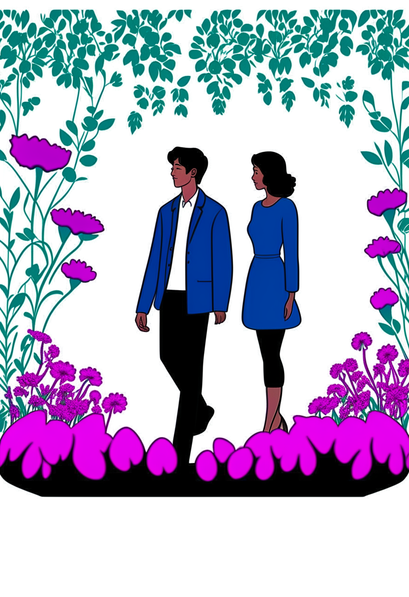  A man and a woman walking animatedly in a flower garden 