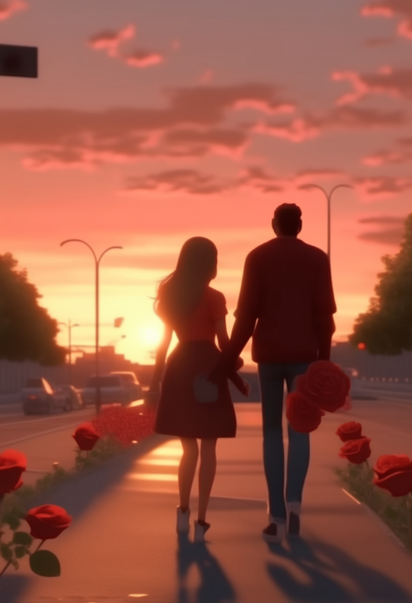 8k animated real picture of a girl and a man walking on the road in the city roadside red roses in the sunset time and the sky is clear 