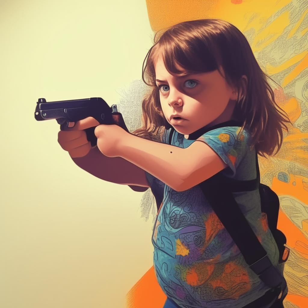 a psychedelic comic drawing of a little girl pointing a gun at the viewer, with swirling colors and patterns in the background