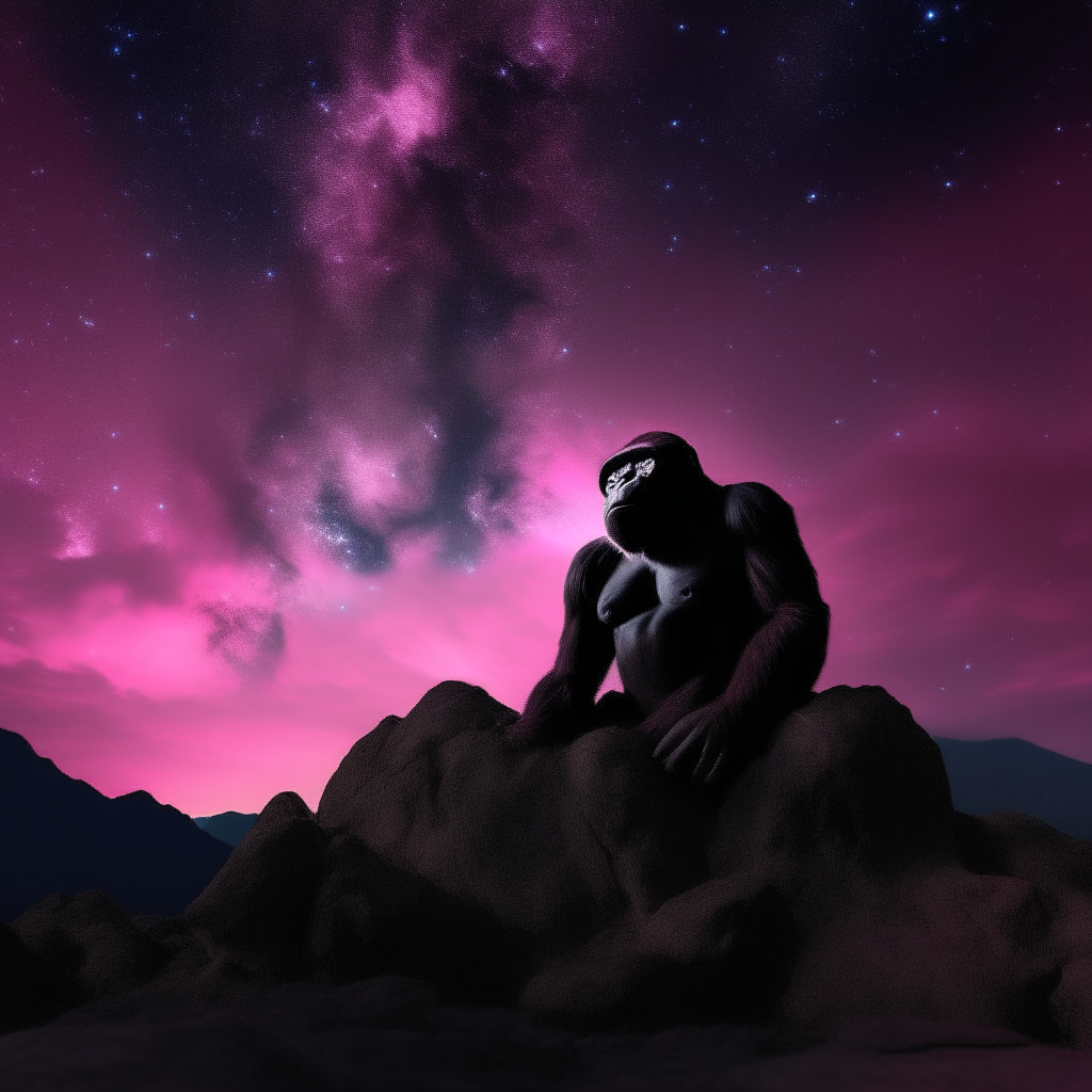 black rock with pink light, under a night sky with ape standing over it