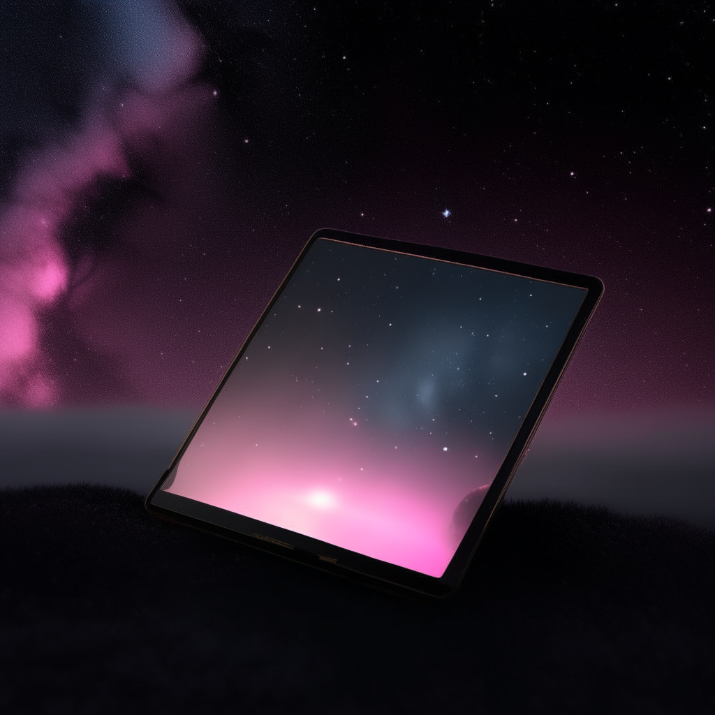 black tablet with pink center under night sky, with golden light in the mist