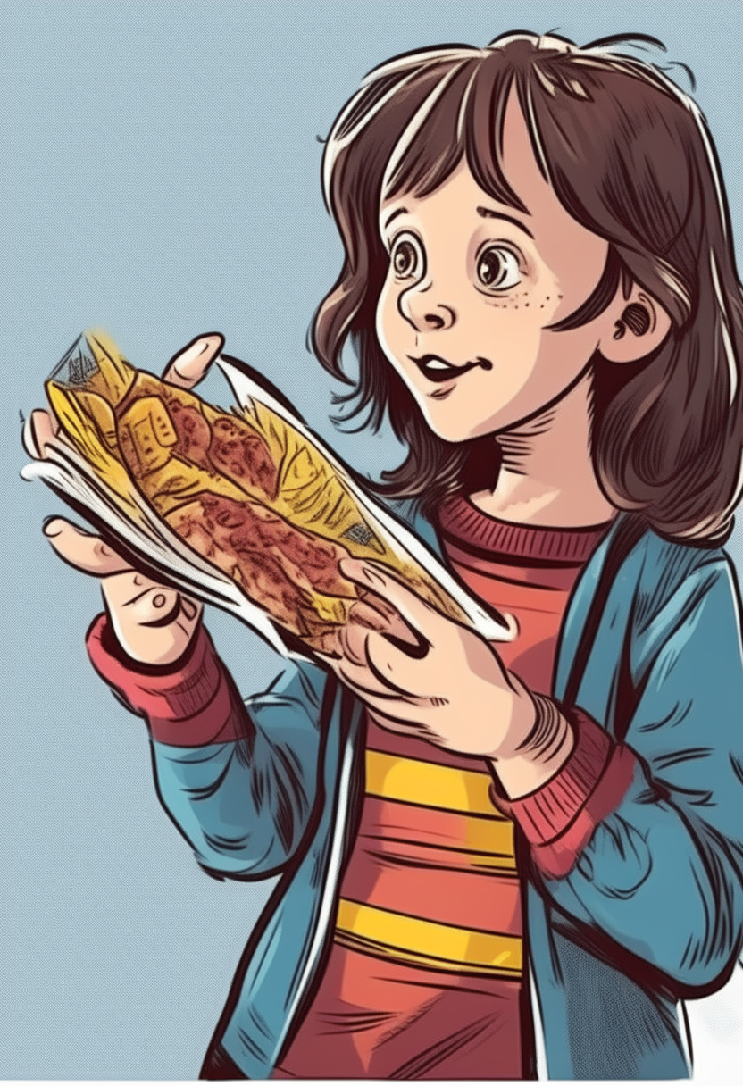 a little girl holding a piece of food, comic book style illustration