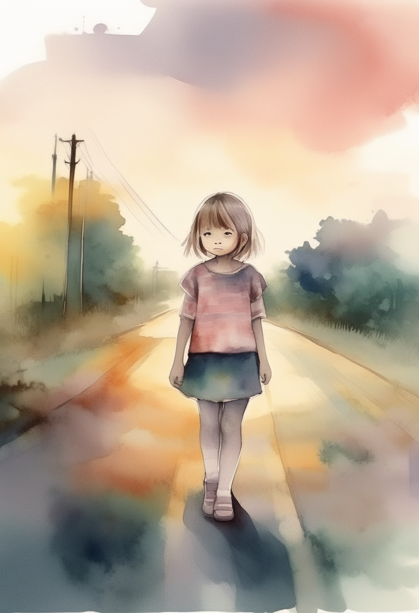 a little girl standing by a road, watercolor painting style