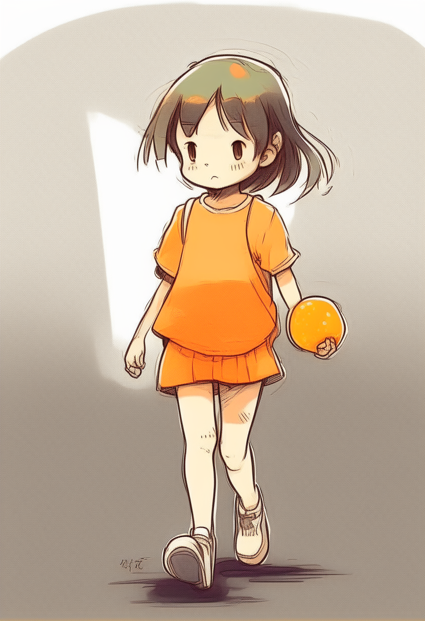 a little girl walking and holding an orange, manga style illustration