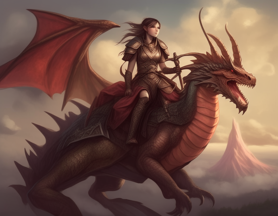 a warrior princess riding on the back of a dragon