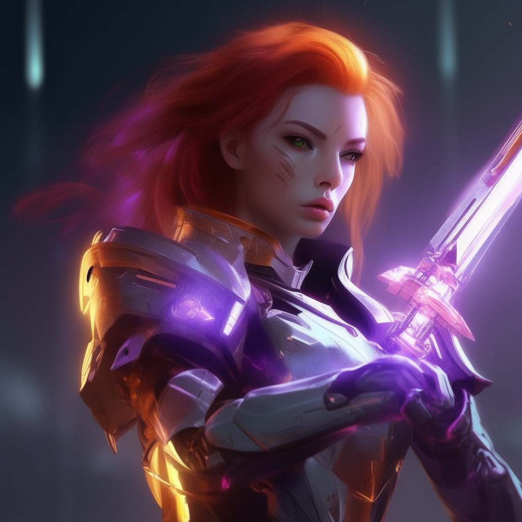 a woman with red hair wearing futuristic armor and holding a glowing purple sword, digital art