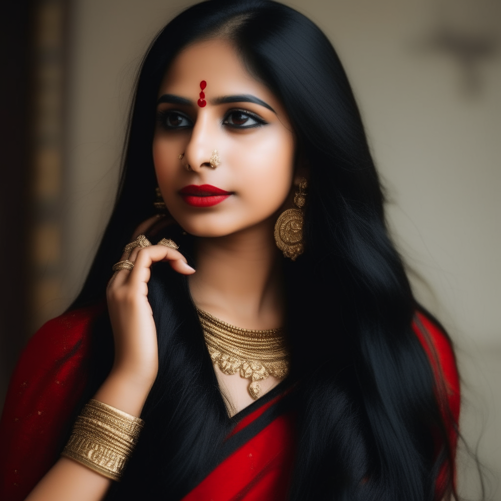 A beautiful Indian girl with long black hair, wearing a red sari and gold jewelry