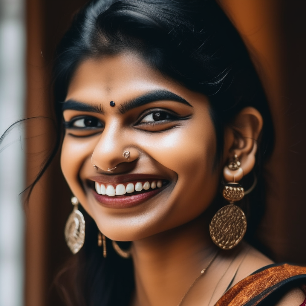 A trendy Indian woman smiling, wearing stylish eye makeup and earrings