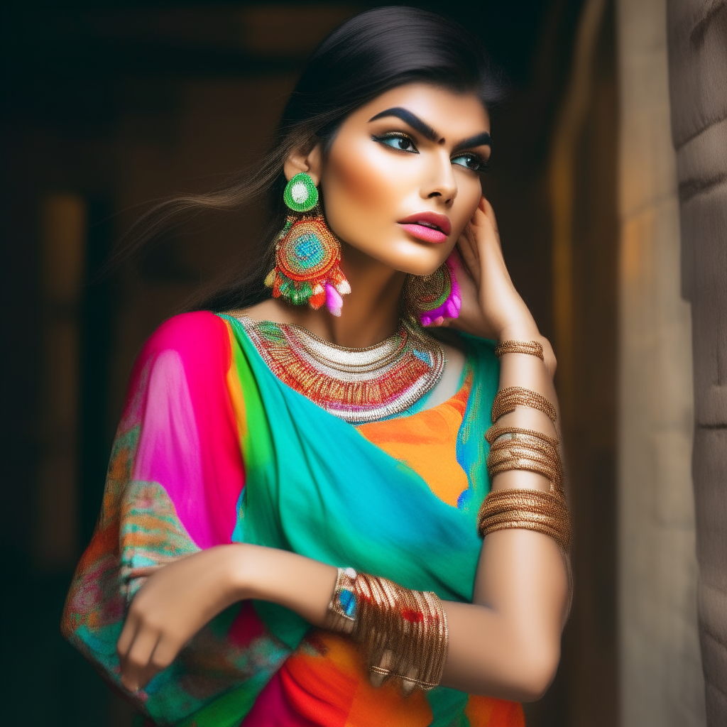 An Indian model posing for a photo shoot, wearing a colorful dress and bangles