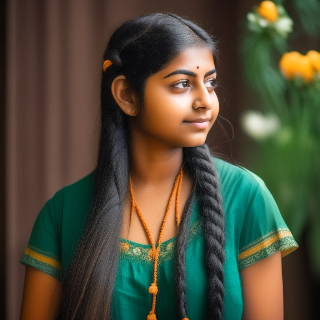 A young Indian woman in a green top and jeans, with flowers in her long braided hair