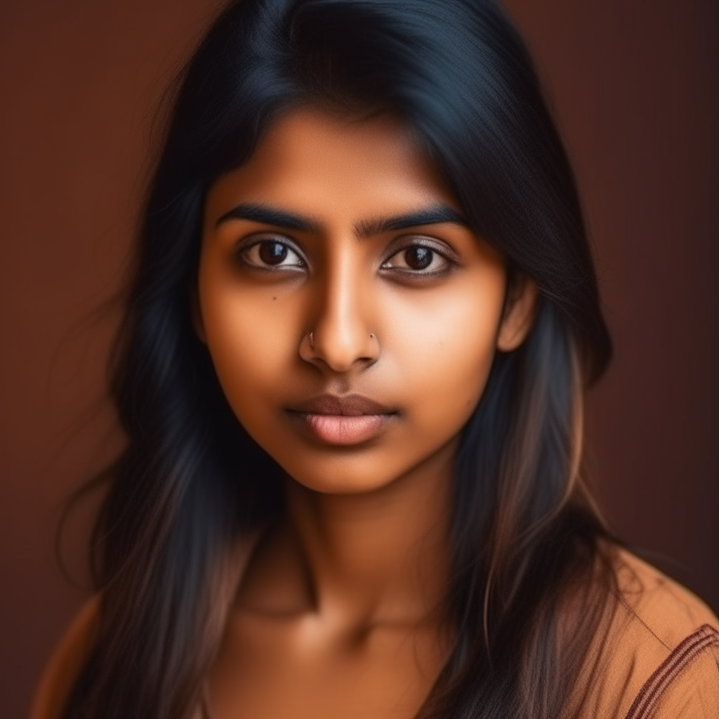 Indian trendy girl with straight face, tan skin and brown eyes, portrait