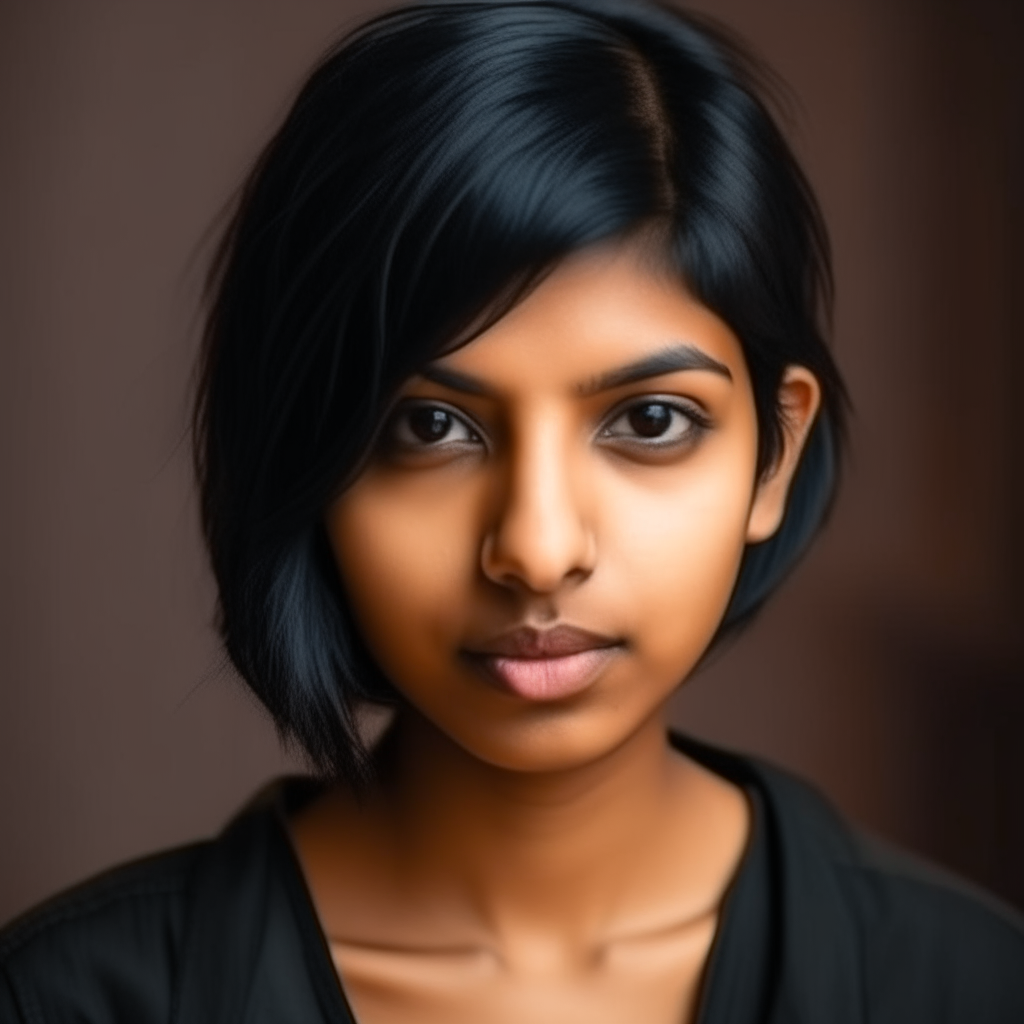 Indian trendy girl with straight face, short black hair and tan skin, portrait