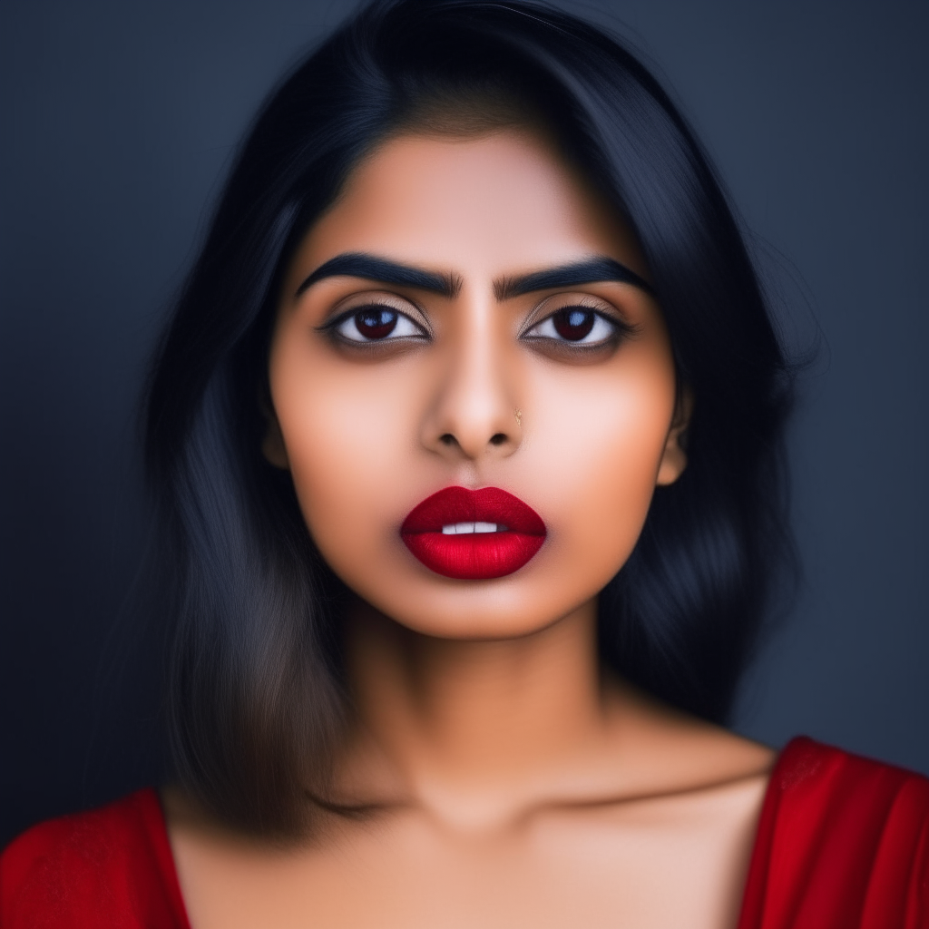 Indian trendy girl with straight face, brown eyes and red lipstick, portrait