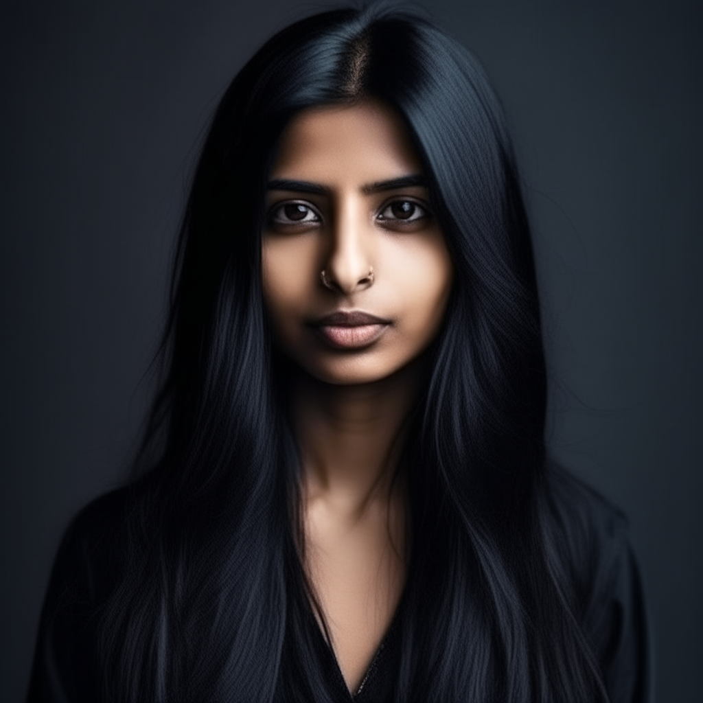 Indian trendy girl with straight face and long black hair, portrait