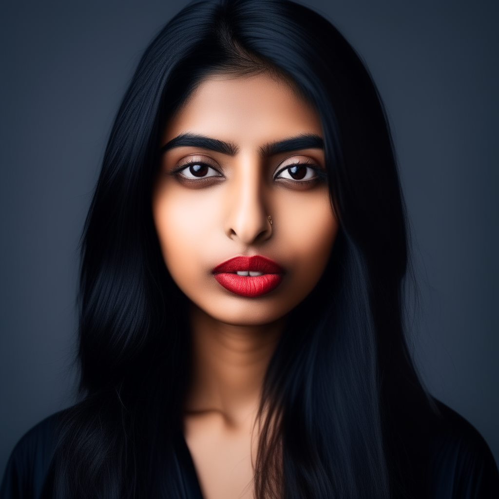 Indian trendy girl with straight face, fair skin, eye makeup and red lipstick, portrait