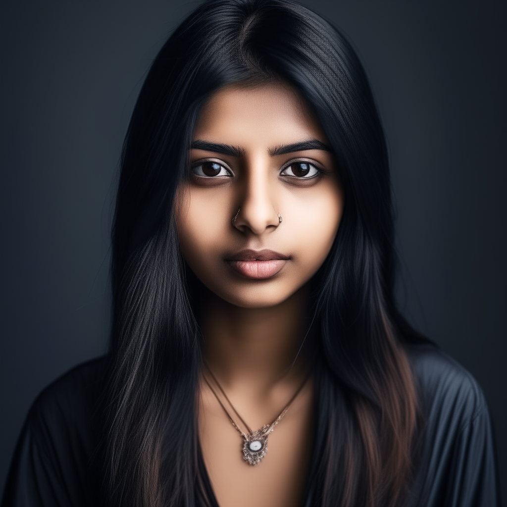 Indian trendy girl with straight face, fair skin, eye makeup and silver necklace, portrait