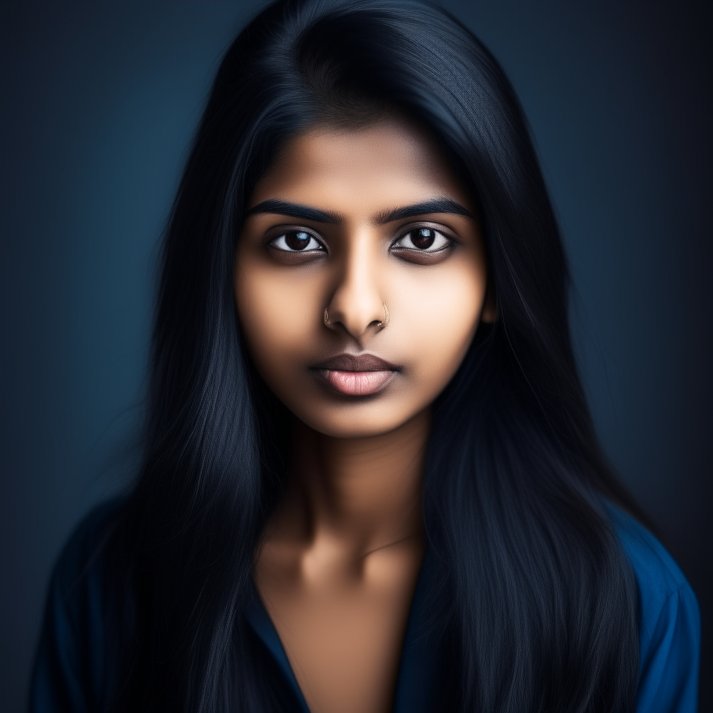 Indian trendy girl with straight face, fair skin, eye makeup and blue top, portrait