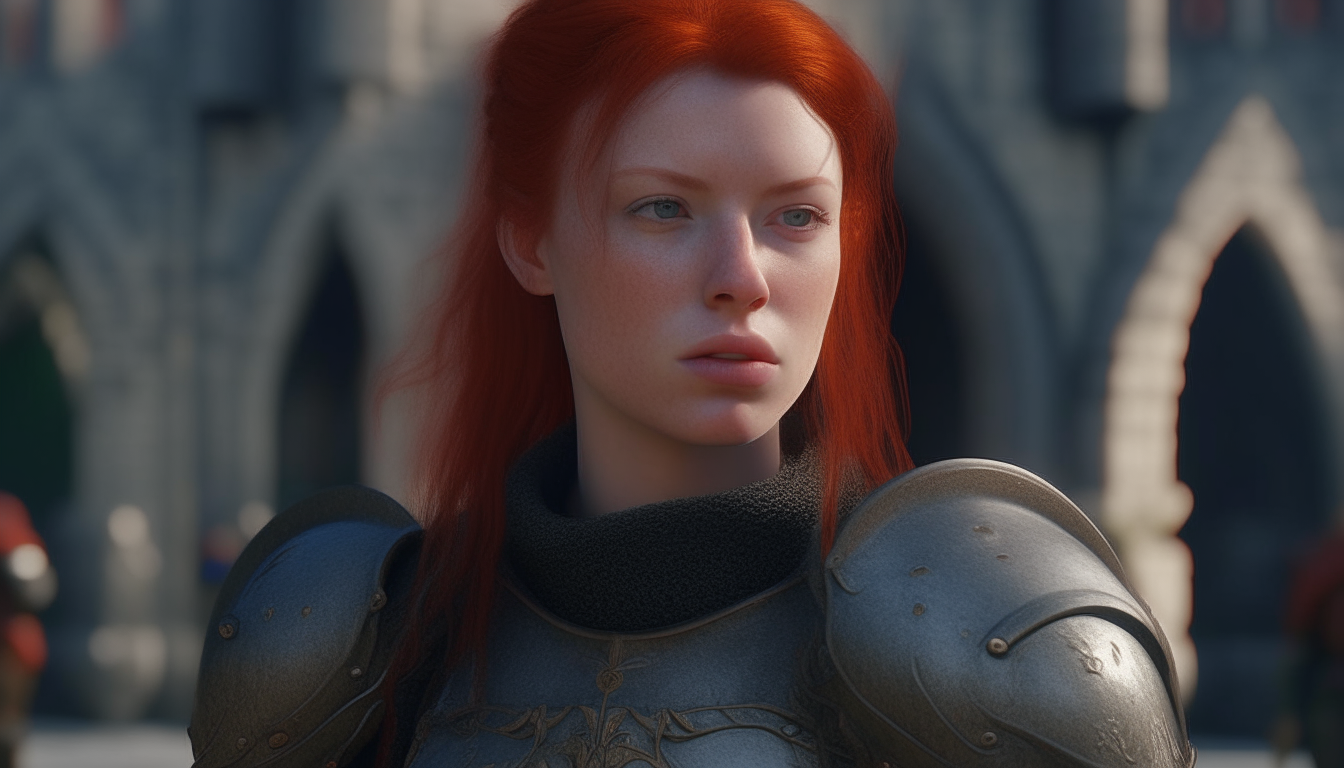 slowly zooming in on the green-blue eyes of a red-haired female warrior glancing at the camera