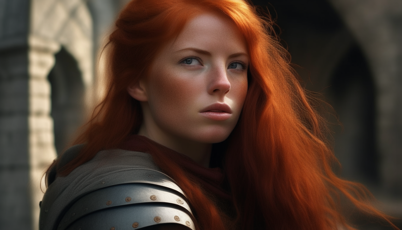 a red-haired female warrior glancing at the camera, rendered photorealistically against a medieval castle backdrop with light curling her hair