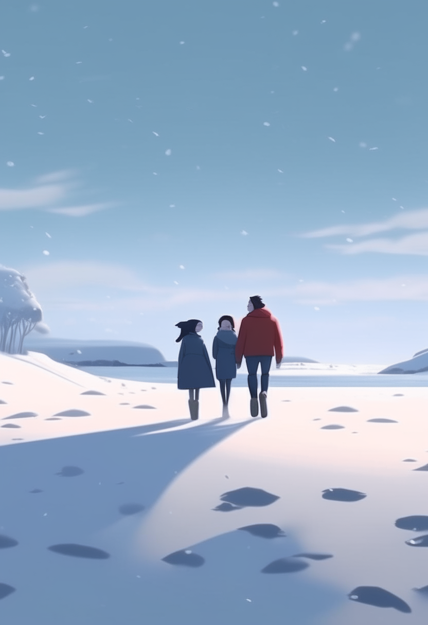 HD animated video of a man and a girl walking in the snow while they are on the beach 