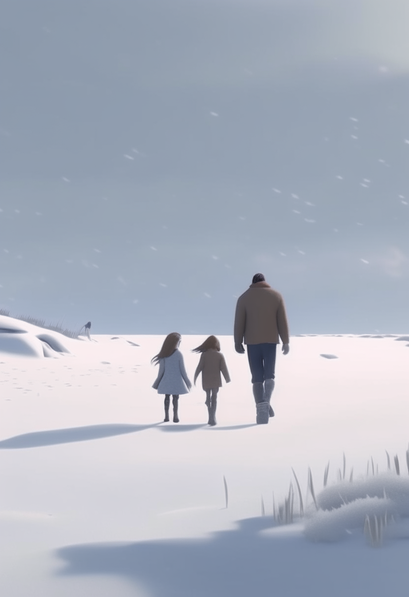 HD animated video of a man and a girl walking in the snow while they are on the beach 
