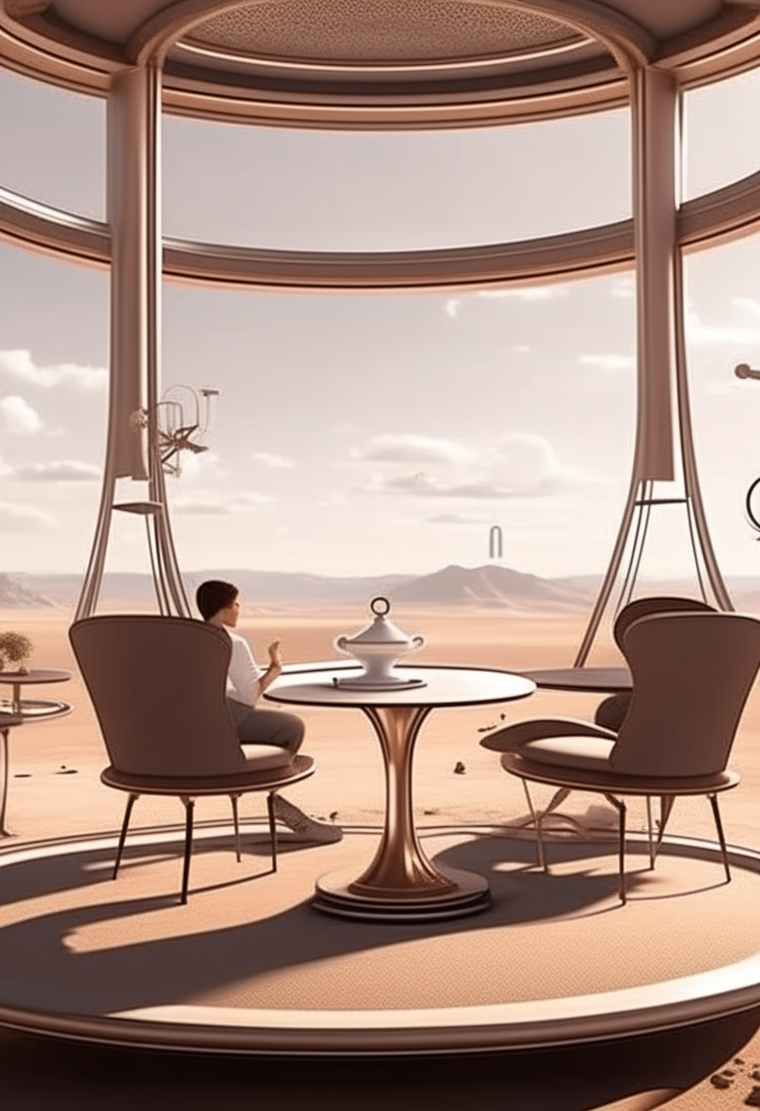 A clear and large animated video of a man and a girl sitting on luxurious chairs and a table while having coffee 