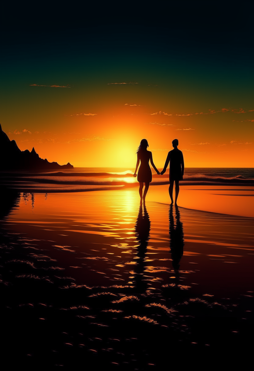 Animated video of a man and woman walking on the beach at sunset 