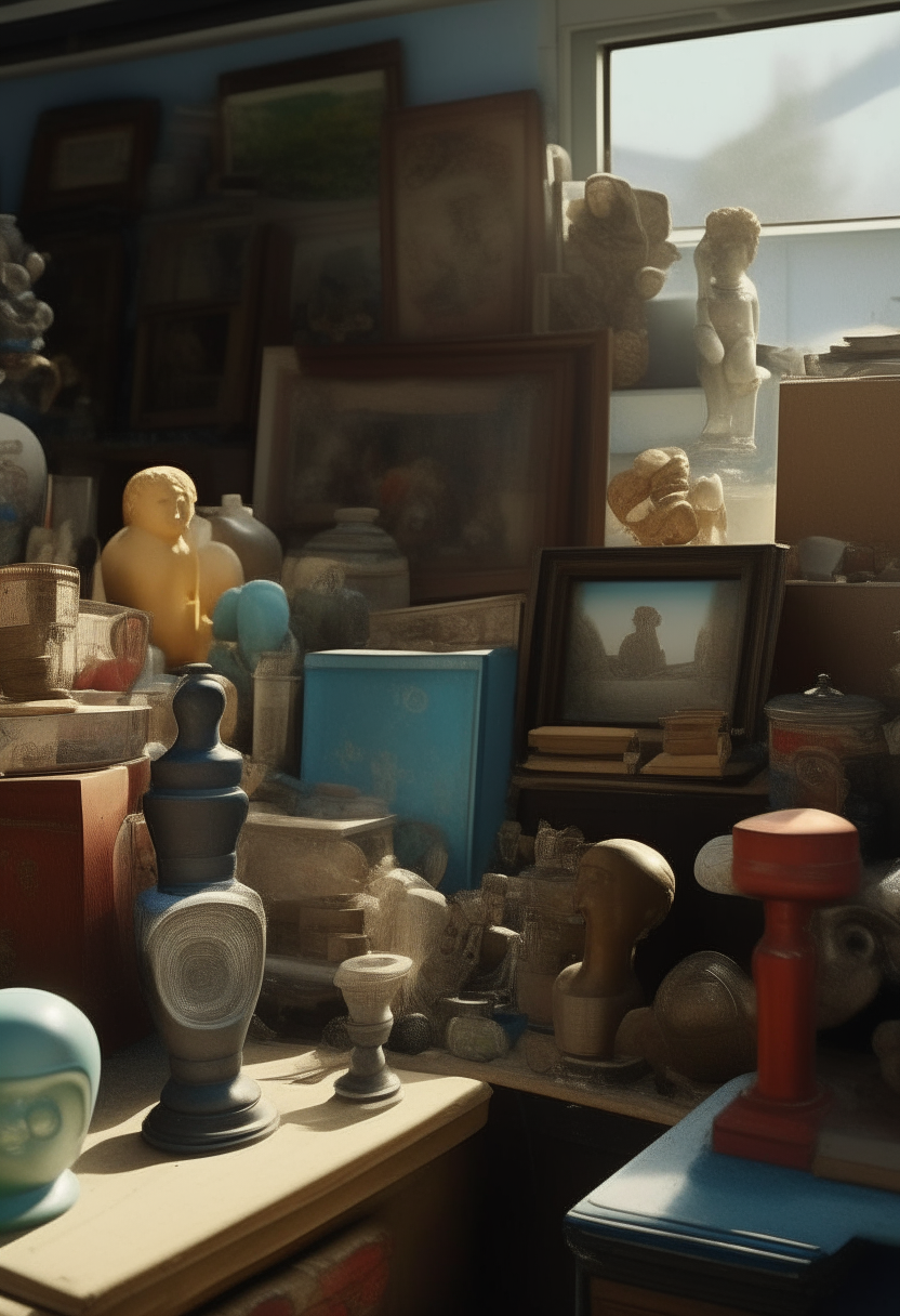 Exterior – Garage Sale – Day Close-up of various items at a garage sale: old toys, books, vases. The camera pans and zooms in on an antique camera with ornate carvings. The protagonist's hand reaches out, taking it with intrigue.