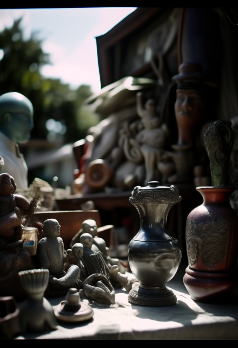 Exterior – Garage Sale – Day Close-up of various items at a garage sale: old toys, books, vases. The camera pans and zooms in on an antique camera with ornate carvings. The protagonist's hand reaches out, taking it with intrigue.