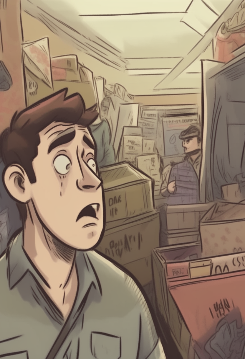 Exterior – Garage Sale – Day
The protagonist gasps, lowering the camera. They rush to show the seller the image. Close-up of the seller's confused face as he sees only the present garage sale in the image.