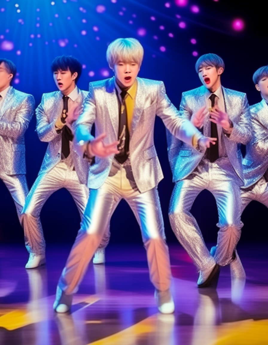 BTS performs energetic dance moves wearing sparkling suits on a concert stage, screaming fans cheer them on