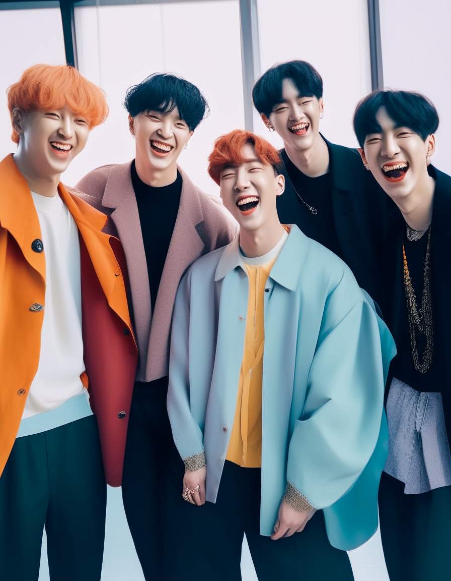 BTS poses together wearing fashionable clothes, smiling and laughing happily