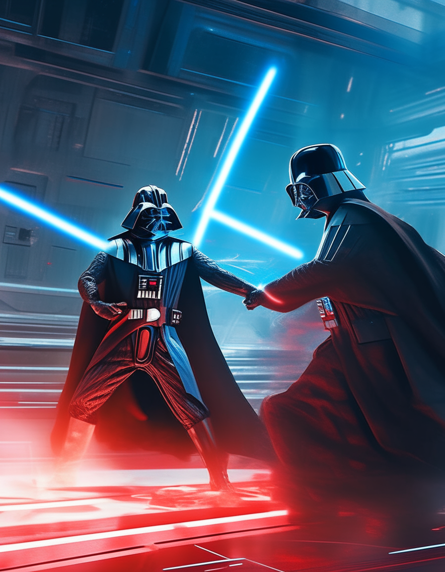 Darth Vader in a lightsaber duel with a Jedi knight in a spaceship hangar, red and blue glowing blades clashing