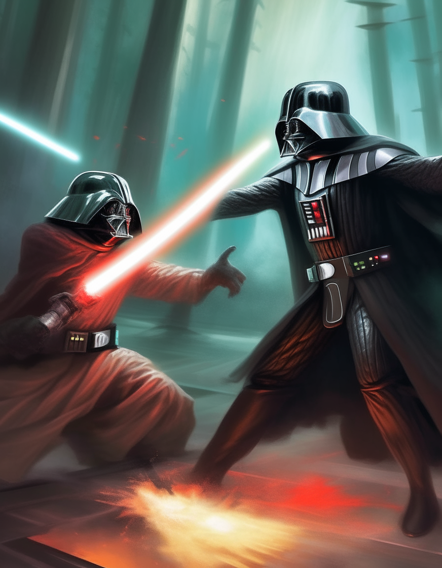 Darth Vader using the force to throw objects at a Jedi as they fight with lightsabers ignited