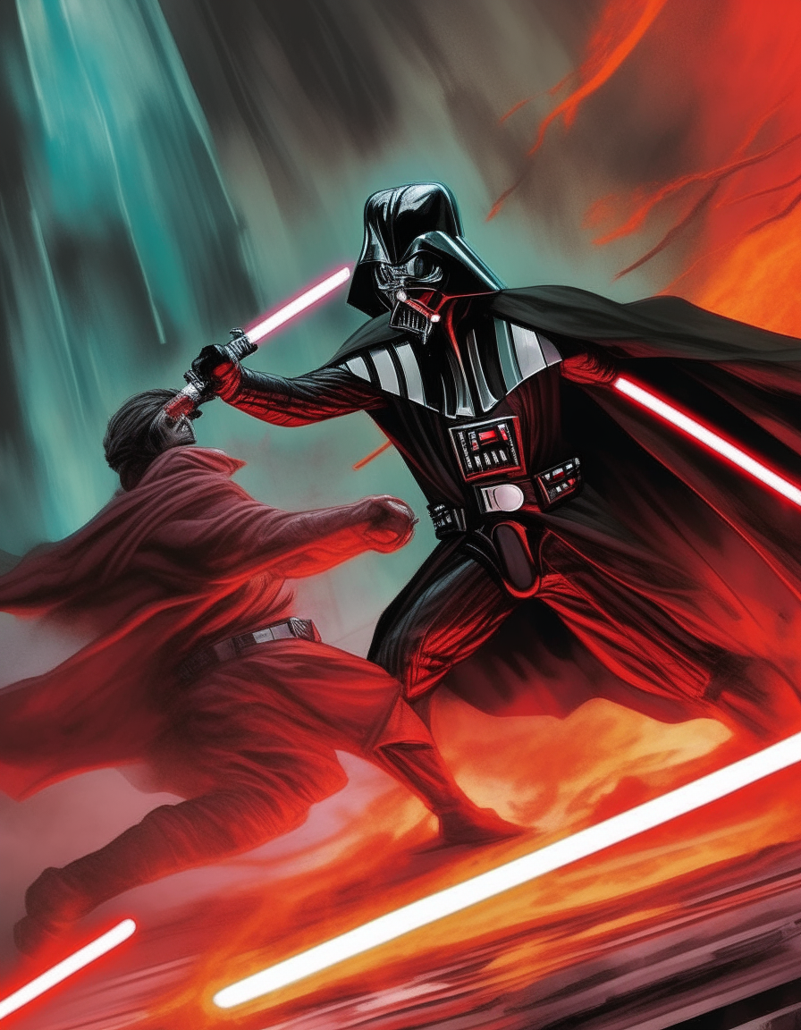 Darth Vader leaping through the air attacking a Jedi with his red lightsaber ablaze