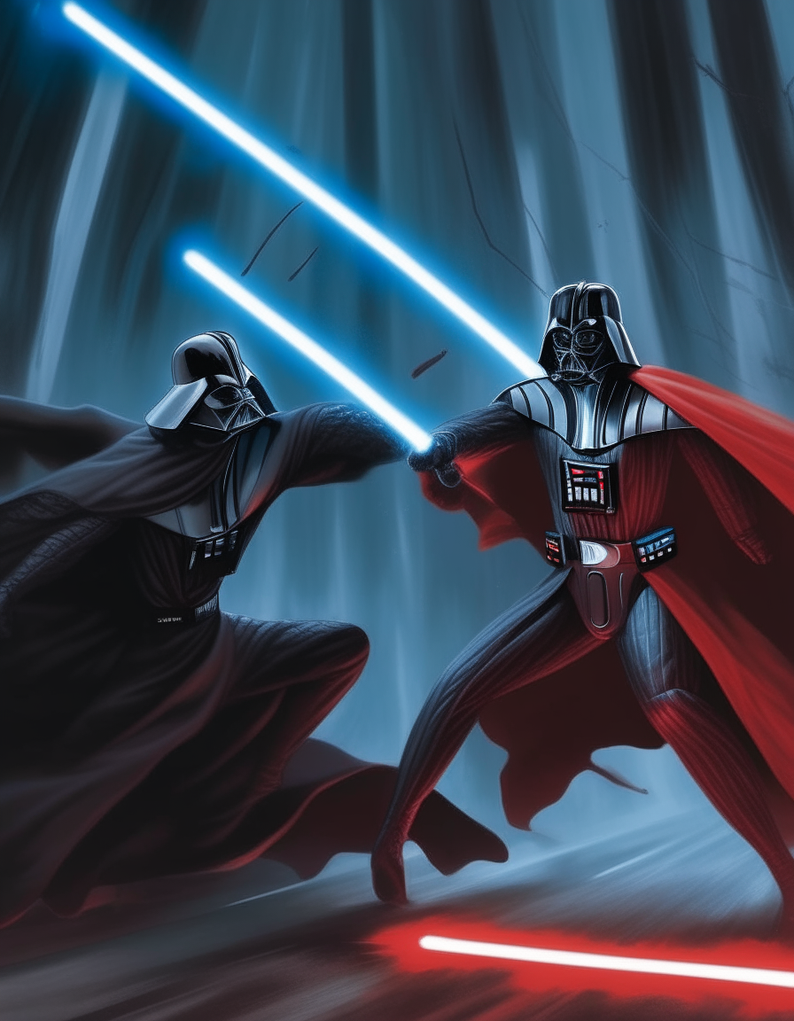 Darth Vader blocking the blue lightsaber swings of a Jedi with his own red blade