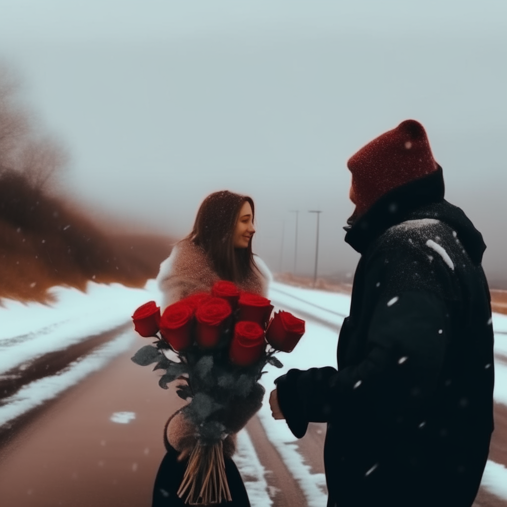 A video of a man and his girlfriend on the road, and on the side of the road are red roses, and the weather is snow 