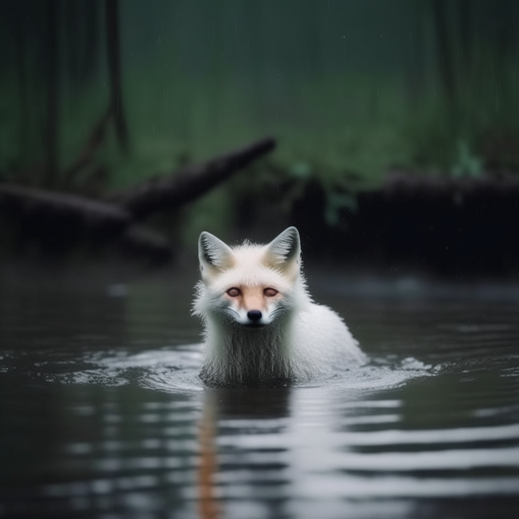 a little white fox swimming during flooding and thunderstorm in forest